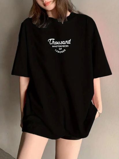 Thousand Baskılı Oversize Bisiklet Yaka T-shirt - Siyah resmi